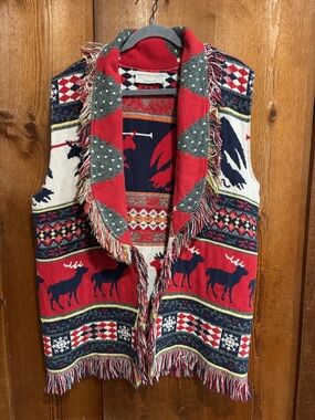 VTG Every Stitch Counts Christmas Tapestry Vest Blanket Fringe Reindeer Angels L